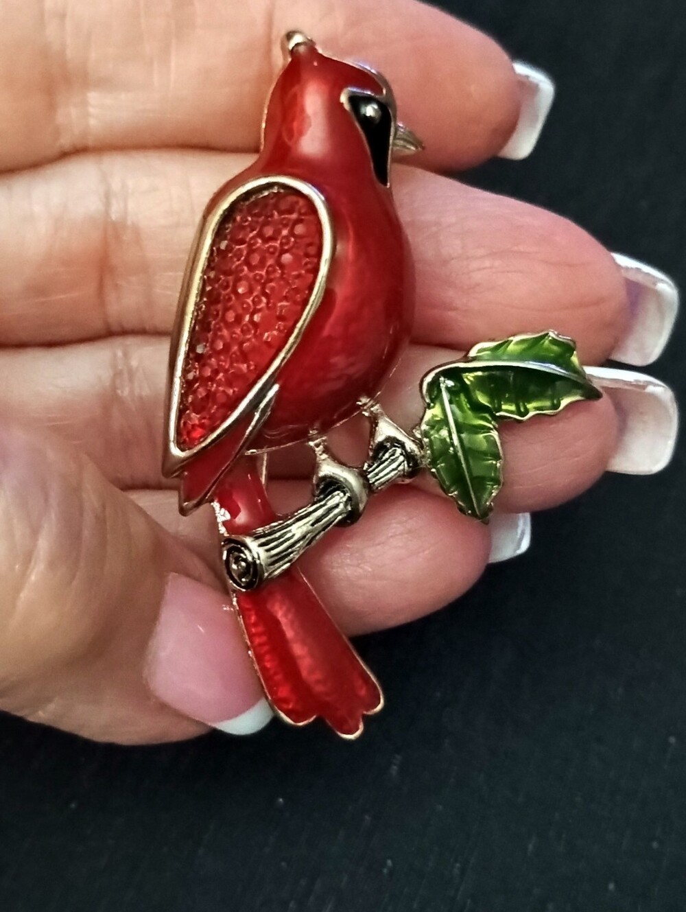 Napier Red Cardinal Brooch with Green Leaves